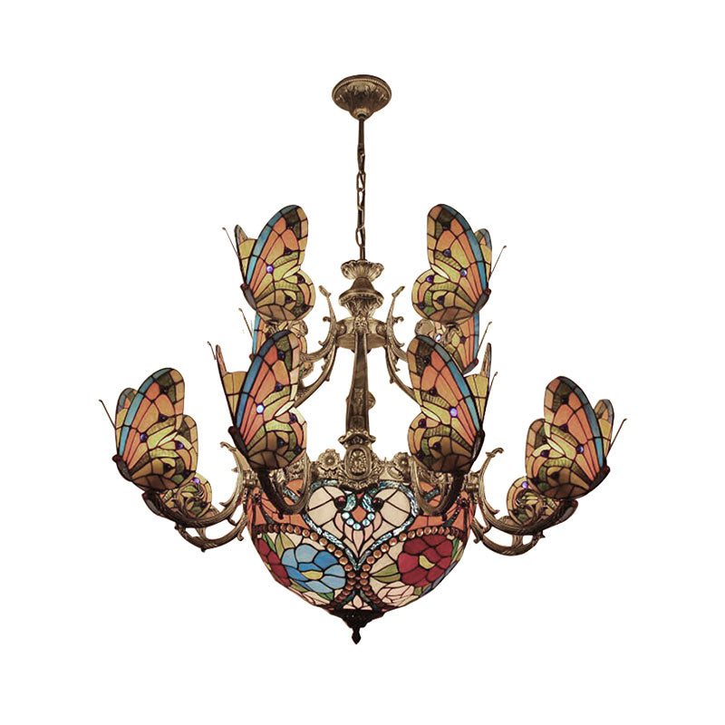 Tiffany Stunning Multi-Colored Chandelier with Butterfly Glass Pendant Light for Living Room