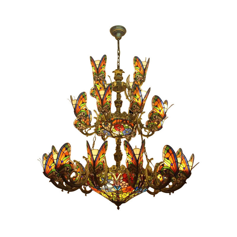 Multi-Colored Butterfly Chandelier with Flower Tiffany Exquisite Glass Pendant Light for Living Room