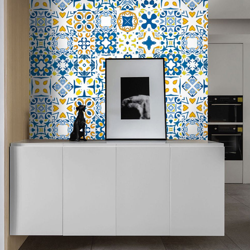 Yellow-Blue Boho Wallpaper Panels 10.3-sq ft Mosaic Tile Peel Wall Covering for Sitting Room