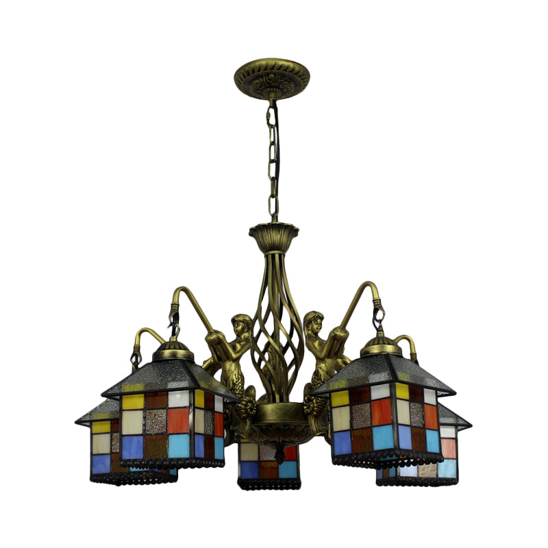 Antique Bronze 5 Lights Chandelier Light Fixture Tiffany Stained Glass House Pendant Lamp for Dining Room