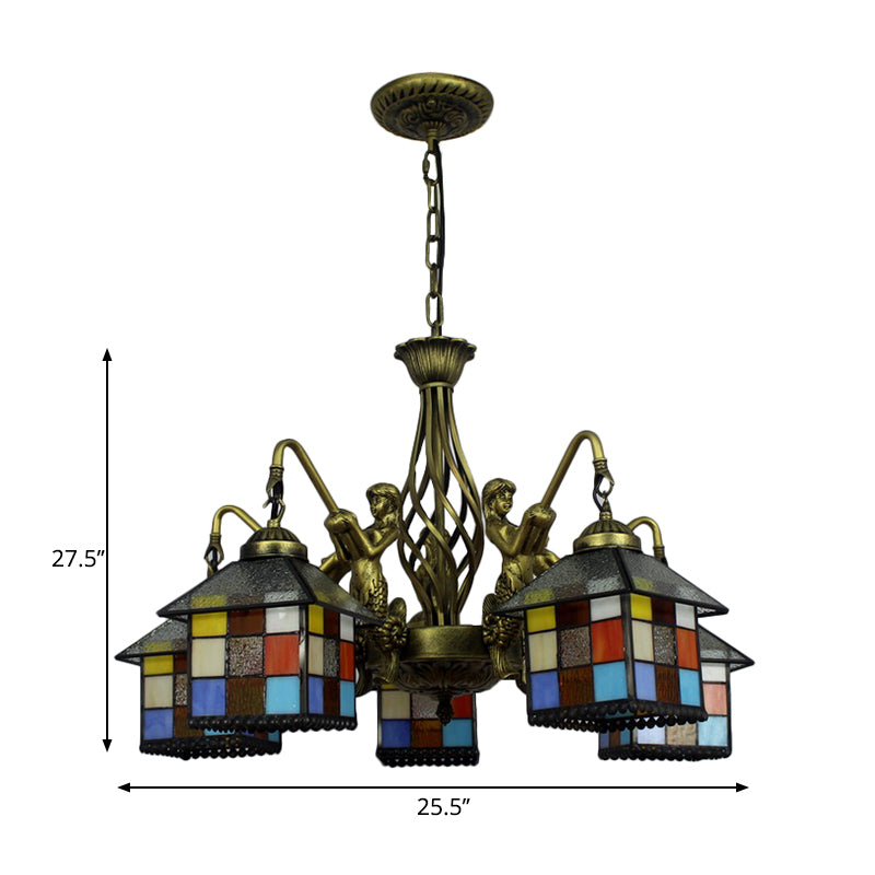 Antique Bronze 5 Lights Chandelier Light Fixture Tiffany Stained Glass House Pendant Lamp for Dining Room