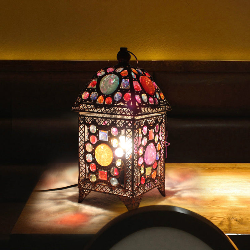 Wrought Iron House Desk Light with Beads Restaurant 1 Light Moroccan Multi-Colored Desk Lamp in Black and Pink