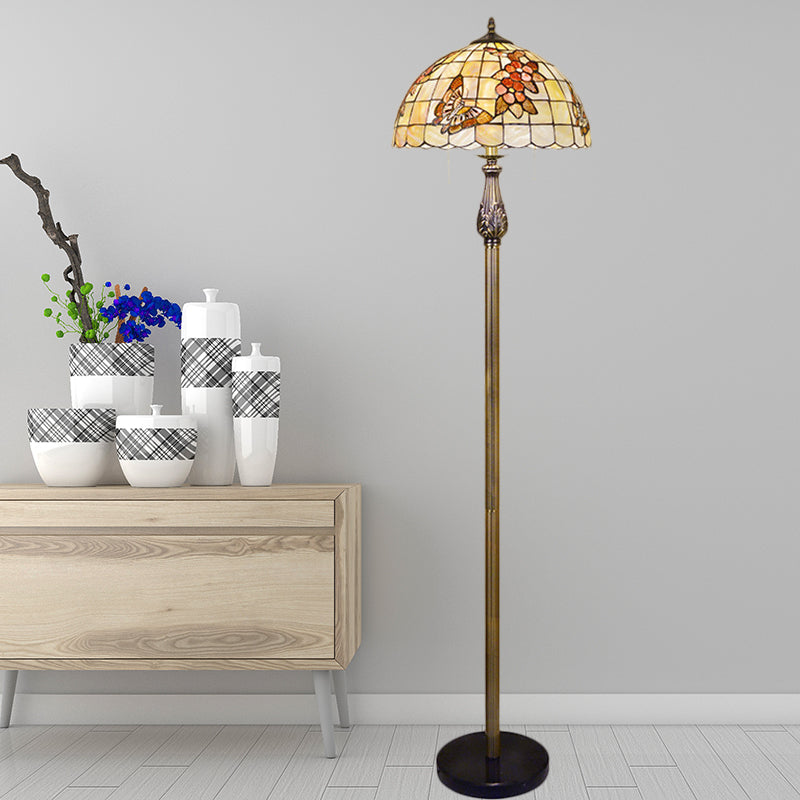 2 Heads Floor Reading Lamp Tiffany Scalloped Dome Shell Butterfly and Flower Patterned Floor Lighting in White