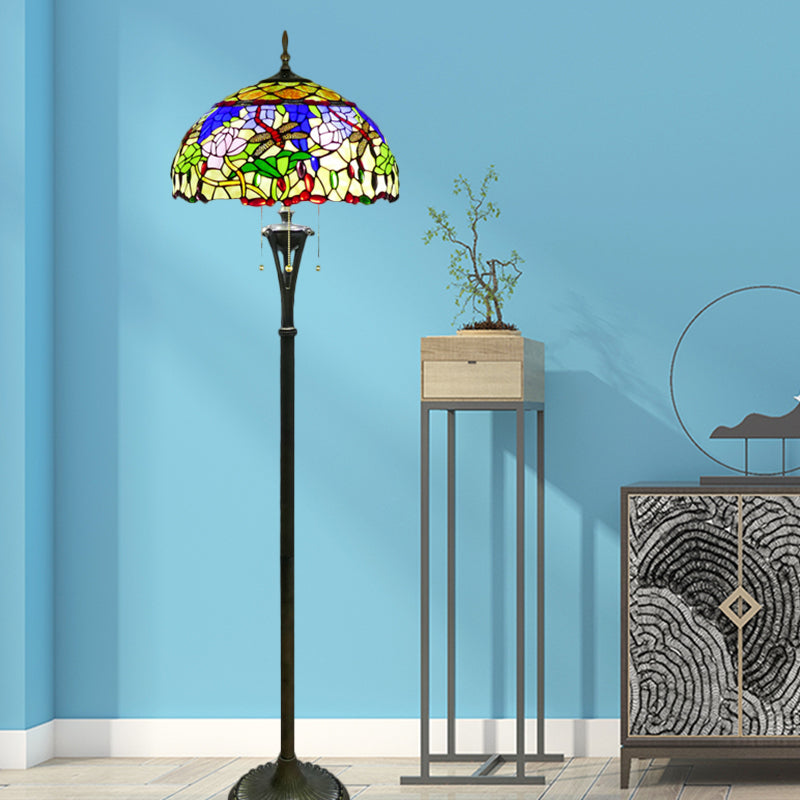 Brass Domed Reading Floor Light Tiffany Style 3-Light Cut Glass Standing Lamp with Flower and Dragonfly Pattern