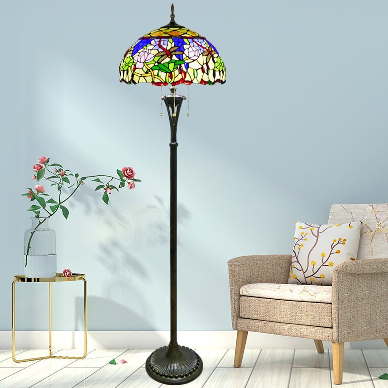 Brass Domed Reading Floor Light Tiffany Style 3-Light Cut Glass Standing Lamp with Flower and Dragonfly Pattern