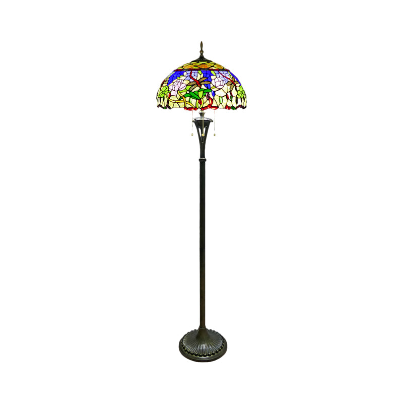 Brass Domed Reading Floor Light Tiffany Style 3-Light Cut Glass Standing Lamp with Flower and Dragonfly Pattern