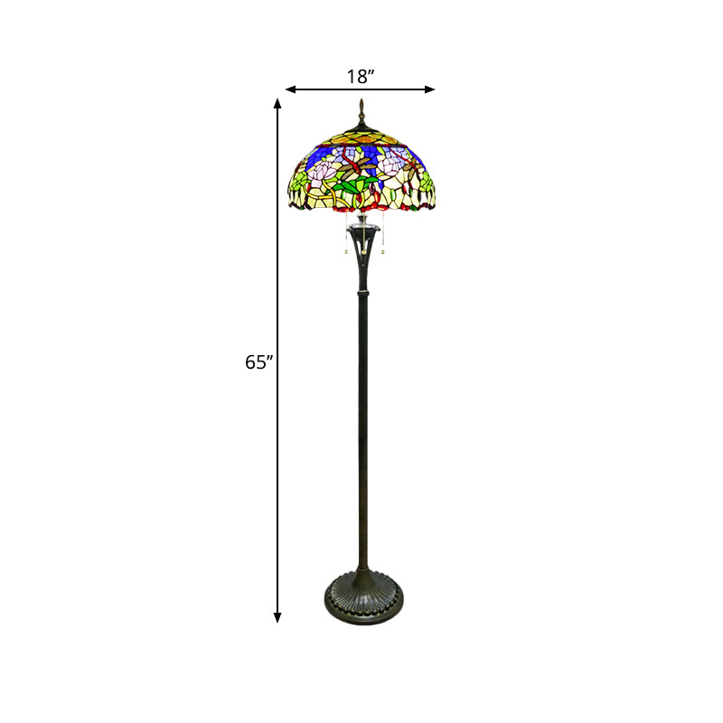 Brass Domed Reading Floor Light Tiffany Style 3-Light Cut Glass Standing Lamp with Flower and Dragonfly Pattern