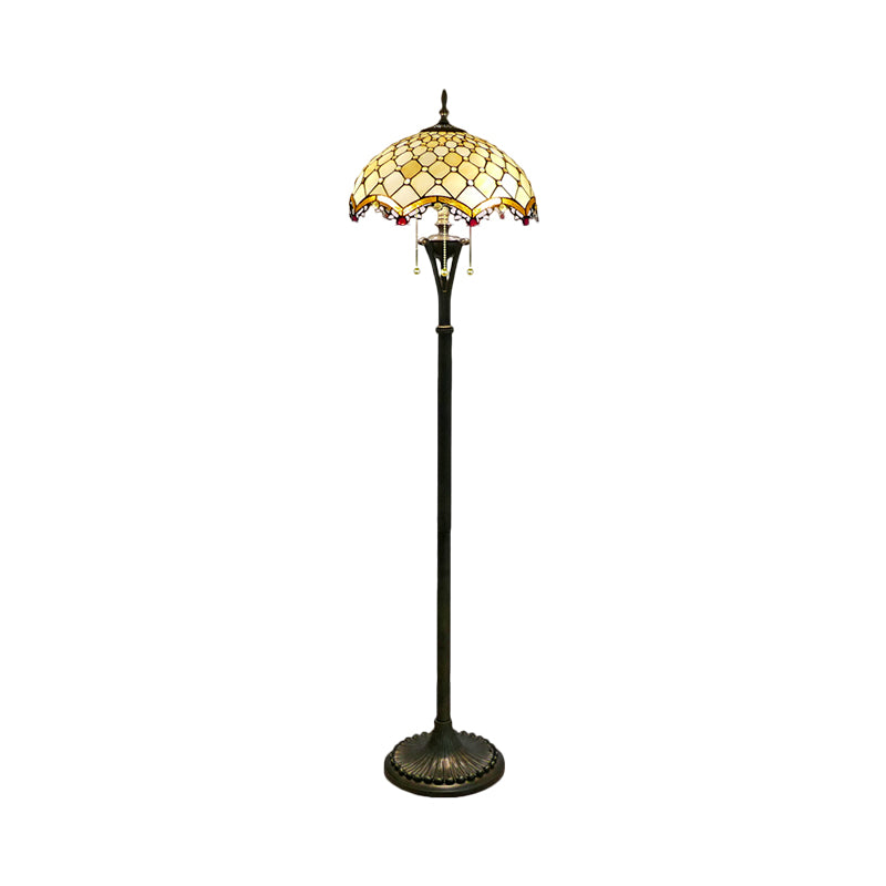 3 Lights Scalloped Reading Floor Lighting Baroque Brass Cut Glass Beaded/Floral Patterned Stand Up Light