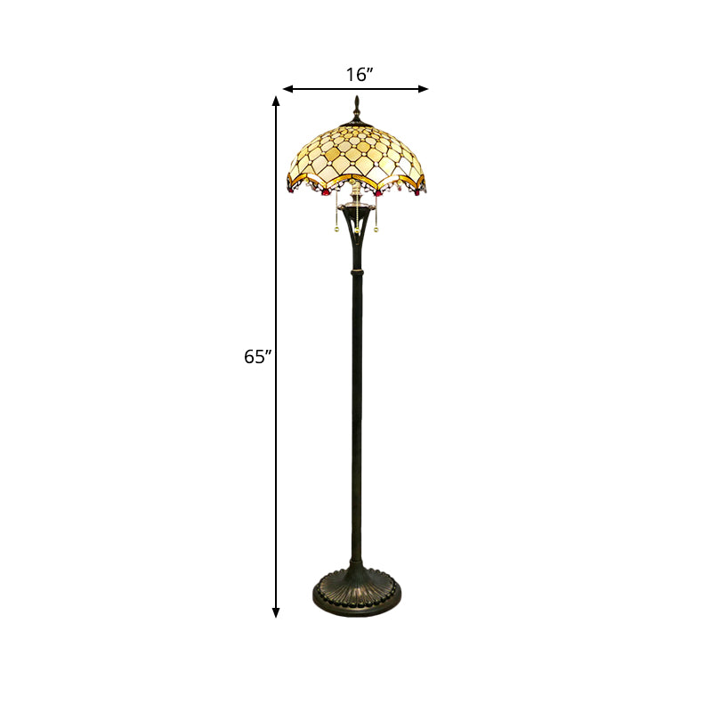 3 Lights Scalloped Reading Floor Lighting Baroque Brass Cut Glass Beaded/Floral Patterned Stand Up Light