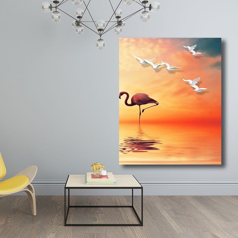 Tropical Flamingo and Seagull Canvas Orange Decorative Art Print for Living Room