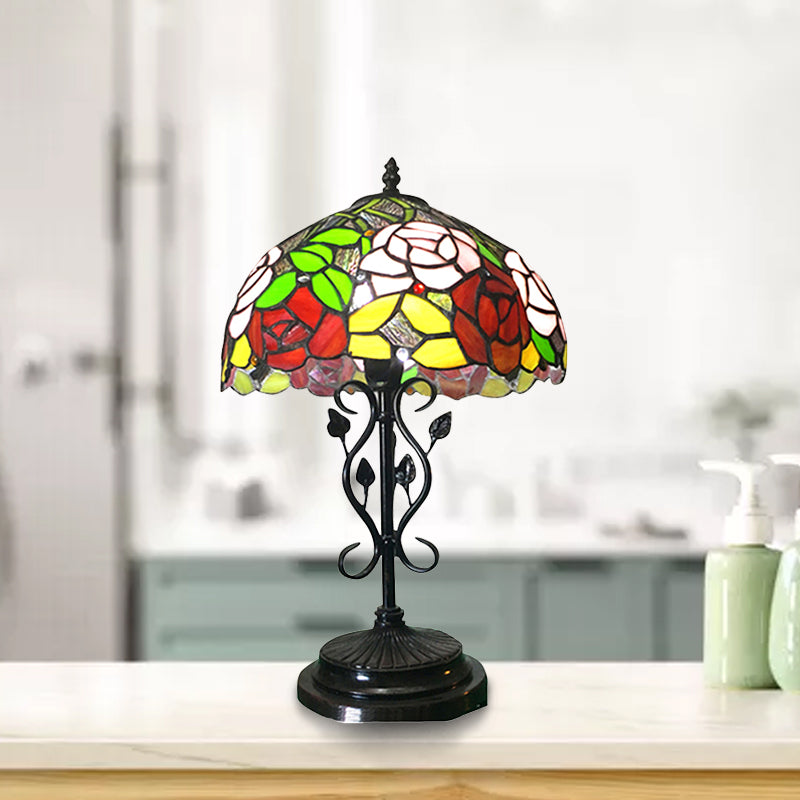 Stained Glass Rose Desk Light with Leaf Base Office 1 Bulb Tiffany Rustic Desk Lamp in Black Finish