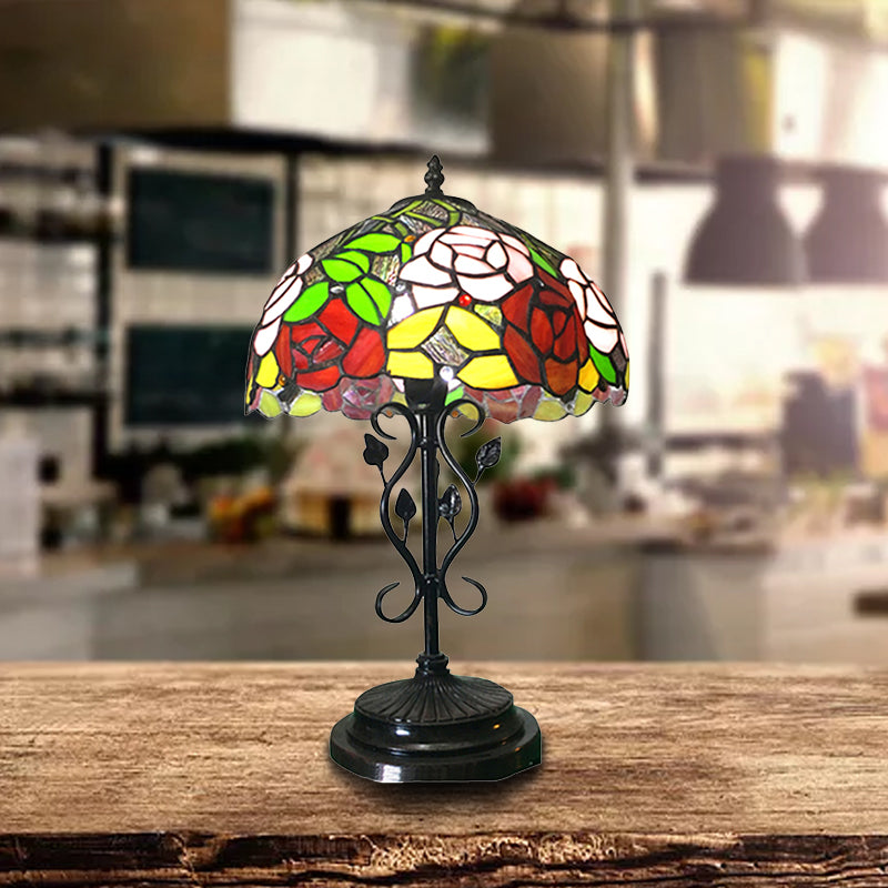 Glass Glass Rose Desk Light With Leaf Base Office 1 Bulbo Lámpara de escritorio rústico Tiffany en acabado negro