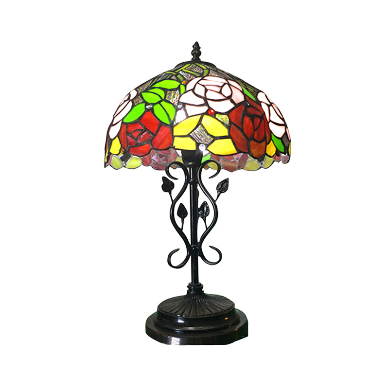 Stained Glass Rose Desk Light with Leaf Base Office 1 Bulb Tiffany Rustic Desk Lamp in Black Finish