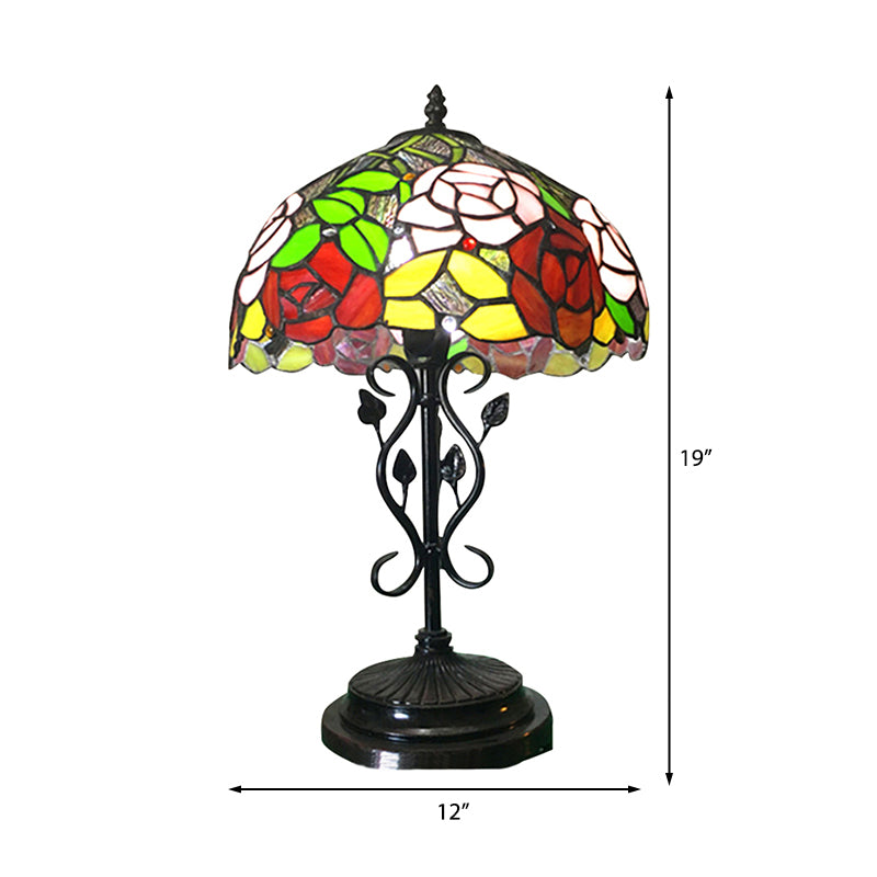 Glass Glass Rose Desk Light With Leaf Base Office 1 Bulbo Lámpara de escritorio rústico Tiffany en acabado negro