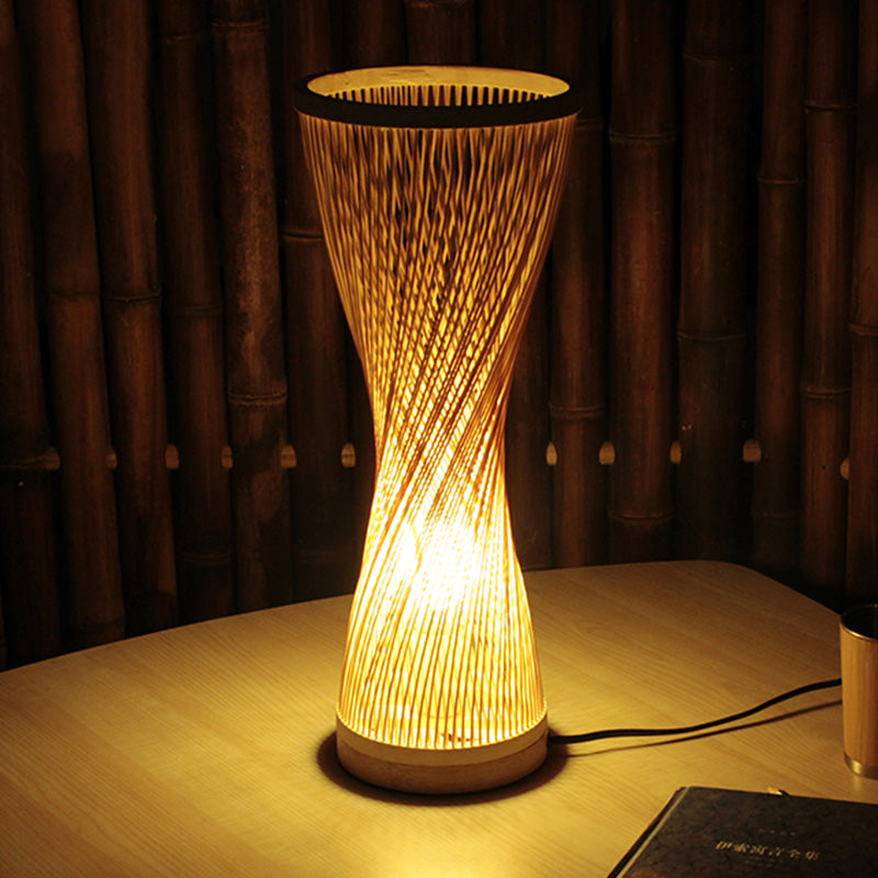 Hourglass Nightstand Lamps Asian Style Bamboo Single Head Wood Desk Light for Bedroom