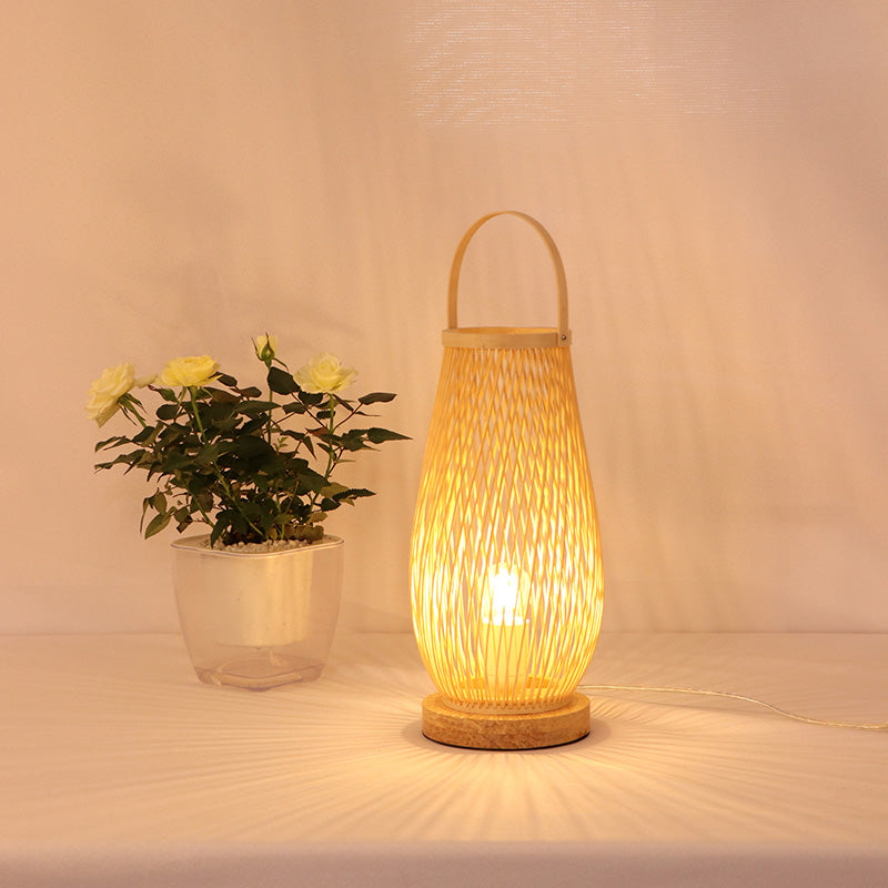 Single Bulb Bedroom Table Lamp Asian Style Beige Curved Handle Desk Lighting with Basket Bamboo Shade