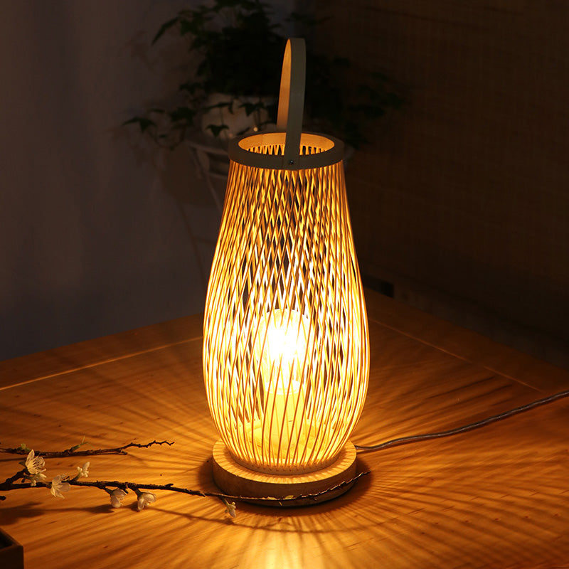 Single Bulb Bedroom Table Lamp Asian Style Beige Curved Handle Desk Lighting with Basket Bamboo Shade