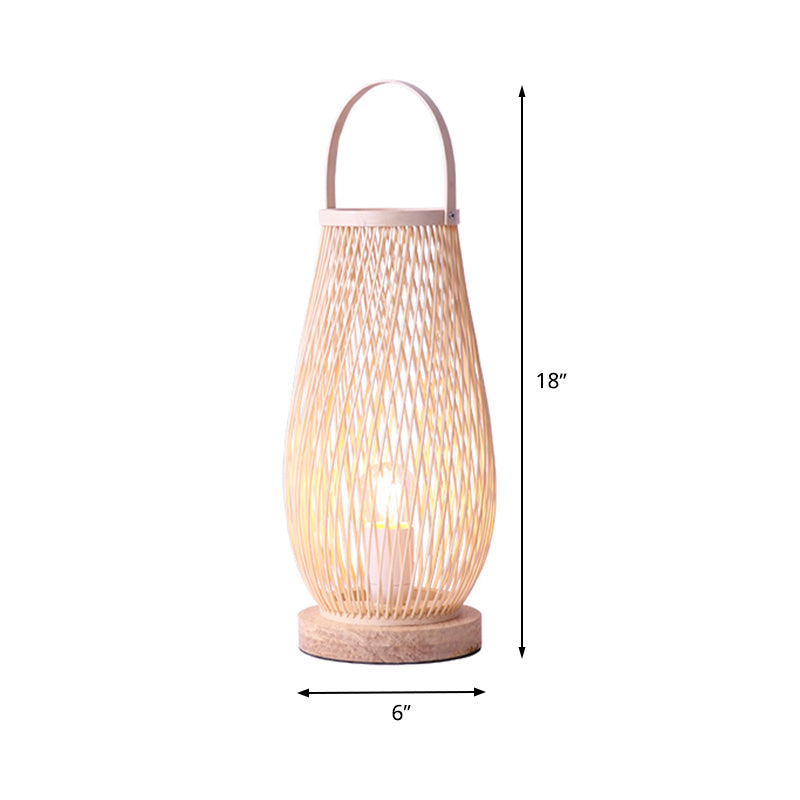 Single Bulb Bedroom Table Lamp Asian Style Beige Curved Handle Desk Lighting with Basket Bamboo Shade