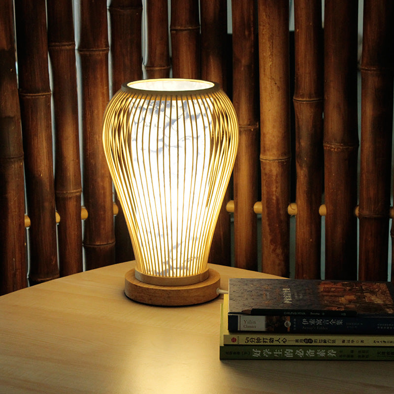 Urn Table Lamp Asian Style Bamboo Single Bulb White Desk Light with Inner Cylinder Shade