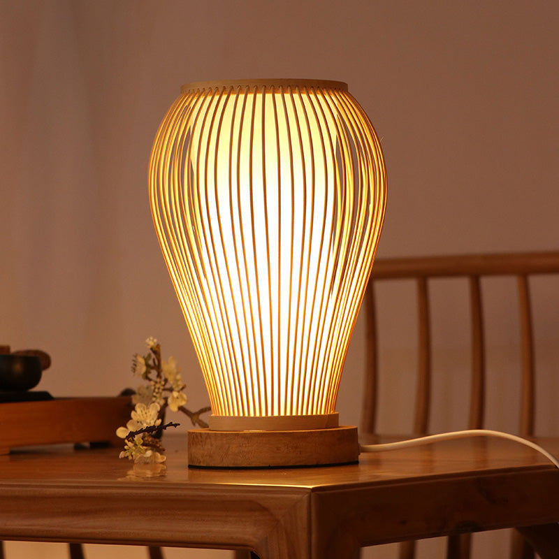 Urn Table Lamp Asian Style Bamboo Single Bulb White Desk Light with Inner Cylinder Shade