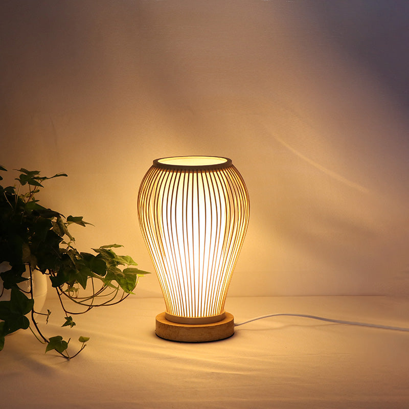 Urn Table Lamp Asian Style Bamboo Single Bulb White Desk Light with Inner Cylinder Shade