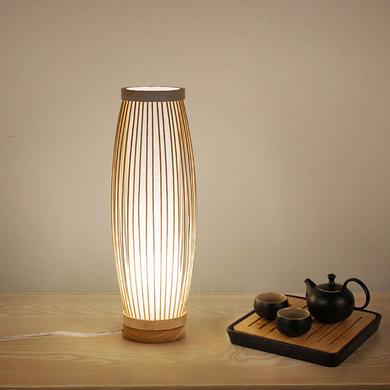 Wood Oblong Night Table Lamp Asian Style Single Bulb Bamboo Desk Light with Inner Cylinder Fabric Shade for Bedroom