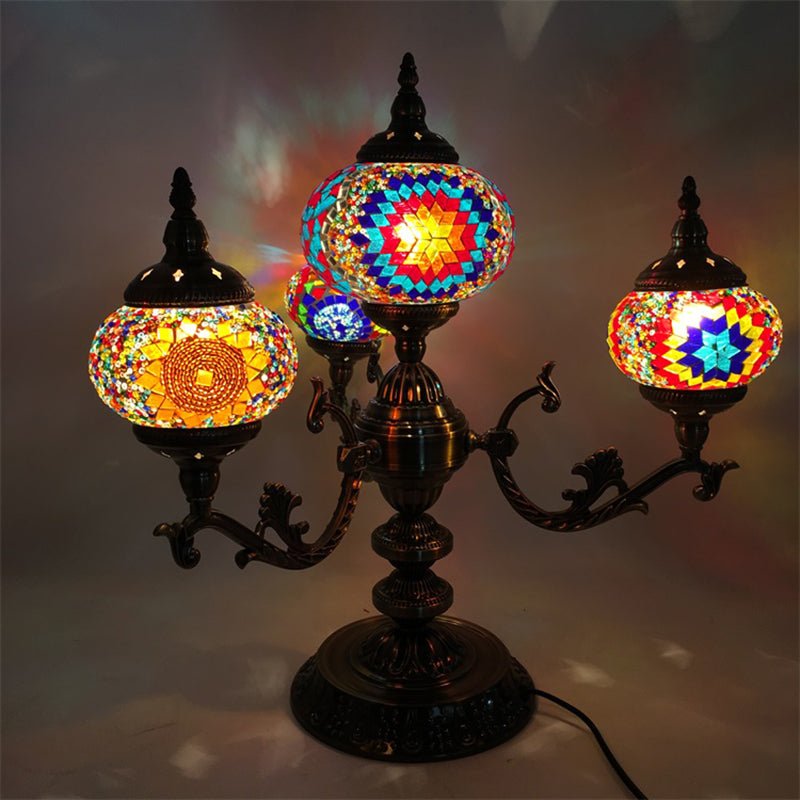 Bohemia Oval Nightstand Light 4 Bulbs Stained Glass Night Table Lighting in Red/Yellow/Orange for Bedroom