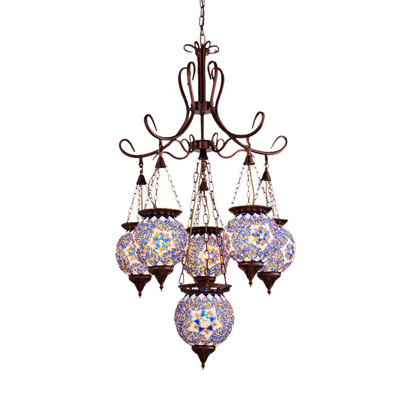 Hand Cut Glass Copper Chandelier Global 6-Light Turkish Pendant Ceiling Light for Dining Room