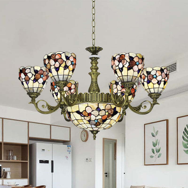 9/11 Lights Bedroom Ceiling Chandelier Tiffany Beige Flower Patterned Suspension Lamp with Bowl Shell Shade