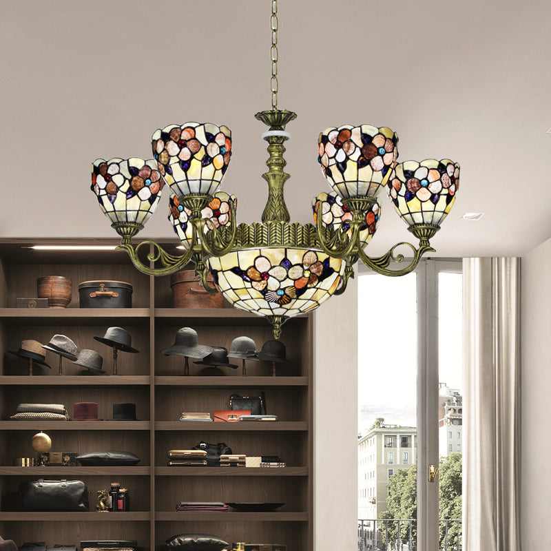 9/11 Lights Bedroom Ceiling Chandelier Tiffany Beige Flower Patterned Suspension Lamp with Bowl Shell Shade