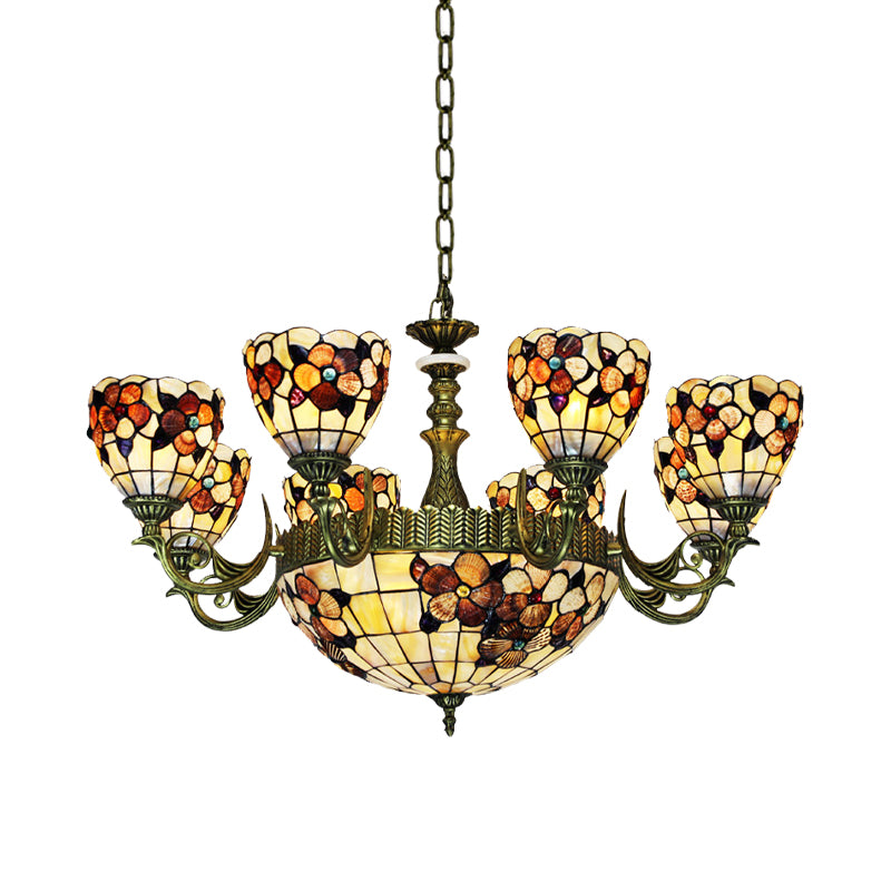 9/11 Lights Bedroom Ceiling Chandelier Tiffany Beige Flower Patterned Suspension Lamp with Bowl Shell Shade