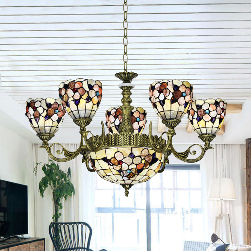 9/11 Lights Bedroom Ceiling Chandelier Tiffany Beige Flower Patterned Suspension Lamp with Bowl Shell Shade