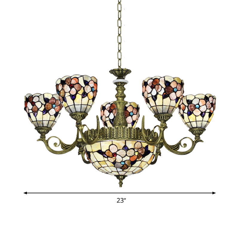 9/11 Lights Bedroom Ceiling Chandelier Tiffany Beige Flower Patterned Suspension Lamp with Bowl Shell Shade