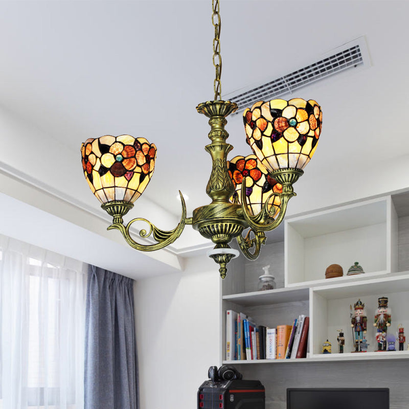 9/11 Lights Bedroom Ceiling Chandelier Tiffany Beige Flower Patterned Suspension Lamp with Bowl Shell Shade