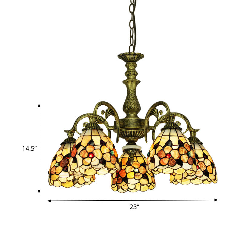 9/11 Lights Bedroom Ceiling Chandelier Tiffany Beige Flower Patterned Suspension Lamp with Bowl Shell Shade