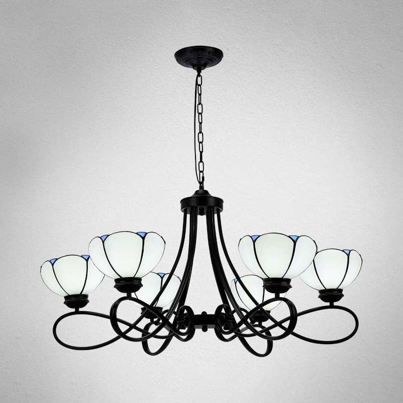 3/5 Lumières Sucalloped / Cone Chandelier suspendu Baroque blanc / jaune / beige Verre Suspension Éclairage pour le salon avec bras incurvé