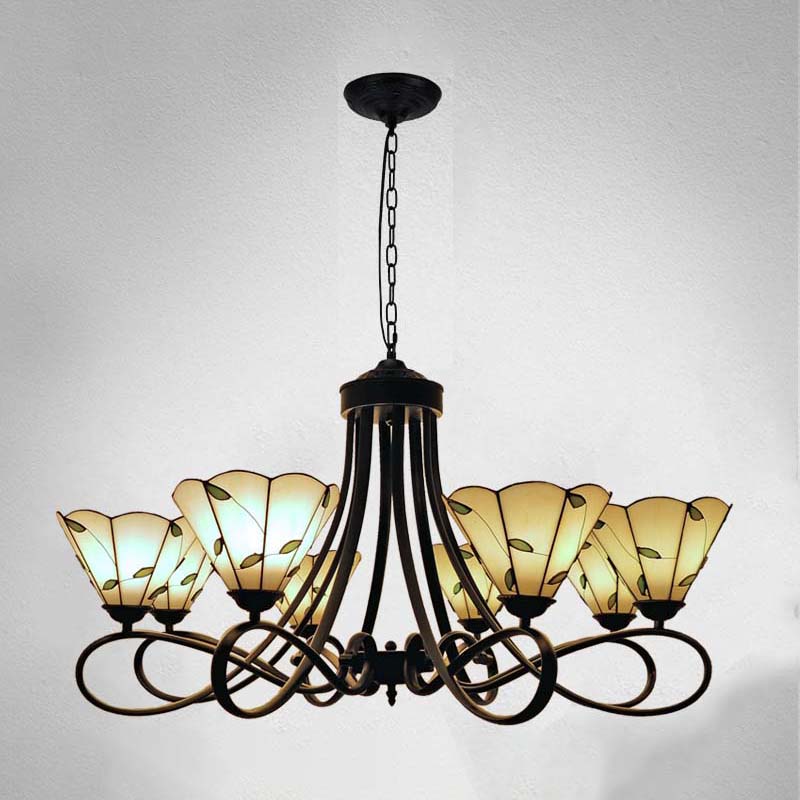 3/5 Lumières Sucalloped / Cone Chandelier suspendu Baroque blanc / jaune / beige Verre Suspension Éclairage pour le salon avec bras incurvé