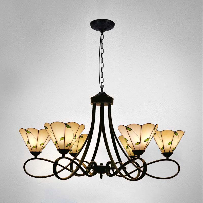 3/5 Lumières Sucalloped / Cone Chandelier suspendu Baroque blanc / jaune / beige Verre Suspension Éclairage pour le salon avec bras incurvé