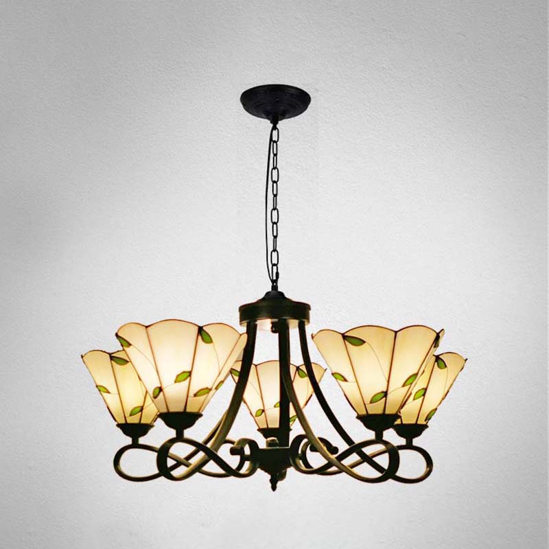 3/5 Lumières Sucalloped / Cone Chandelier suspendu Baroque blanc / jaune / beige Verre Suspension Éclairage pour le salon avec bras incurvé