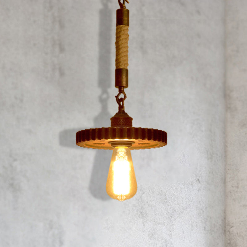 1/5-Light Pendant Light Kit Vintage Gear Metal Down Lighting in Rust for Coffee Shop with Rope Rod