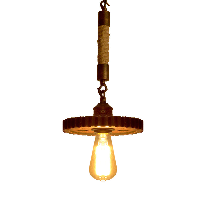 1/5-Light Pendant Light Kit Vintage Gear Metal Down Lighting in Rust for Coffee Shop with Rope Rod