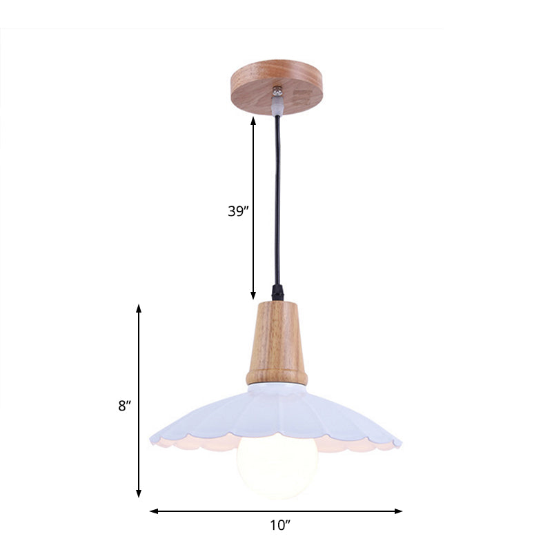 Scalloped Metal Hanging Light Fixture Industrial Single Head Bedroom Suspension Pendant with Wooden Cap in White/Black