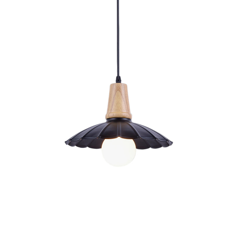 Scalloped Metal Hanging Light Fixture Industrial Single Head Bedroom Suspension Pendant with Wooden Cap in White/Black