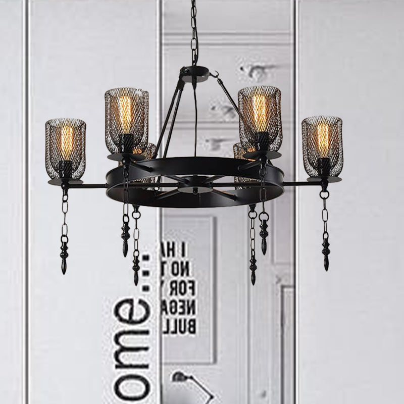 Bell Metallic Chandelier Light Fixture Industrial 3/6 Lights Dining Room Hanging Lamp Kit in Black with Wheel Design