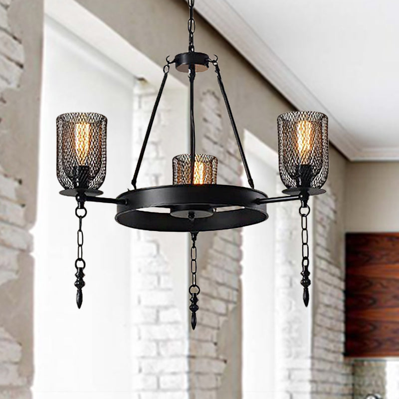 Bell Metallic Chandelier Light Fixture Industrial 3/6 Lights Dining Room Hanging Lamp Kit in Black with Wheel Design