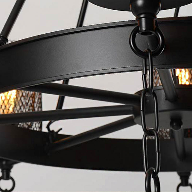 Bell Metallic Chandelier Light Fixture Industrial 3/6 Lights Dining Room Hanging Lamp Kit in Black with Wheel Design