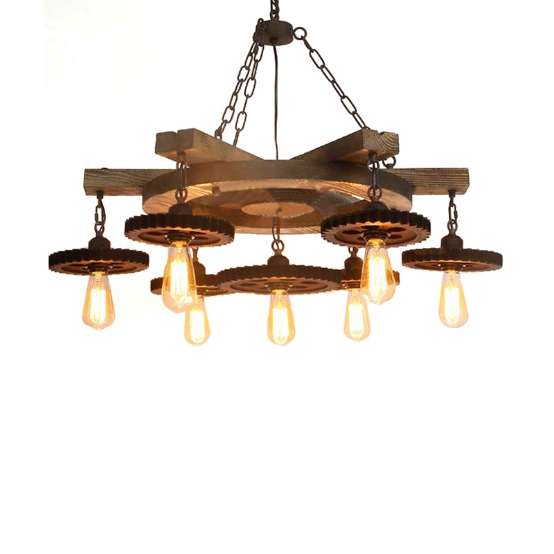 Metal Black Ceiling Chandelier Gear 3/7 Lights Industrial Down Lighting in Black with Round Wood Shelf