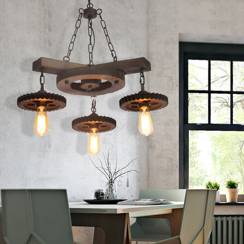 Metal Black Ceiling Chandelier Gear 3/7 Lights Industrial Down Lighting in Black with Round Wood Shelf