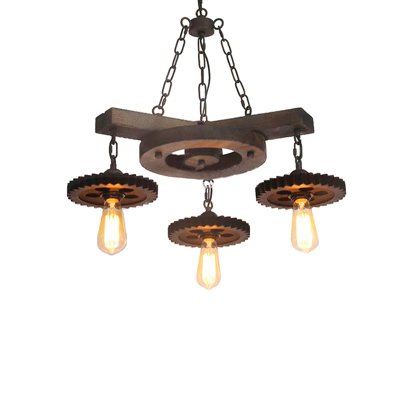 Metal Black Ceiling Chandelier Gear 3/7 Lights Industrial Down Lighting in Black with Round Wood Shelf