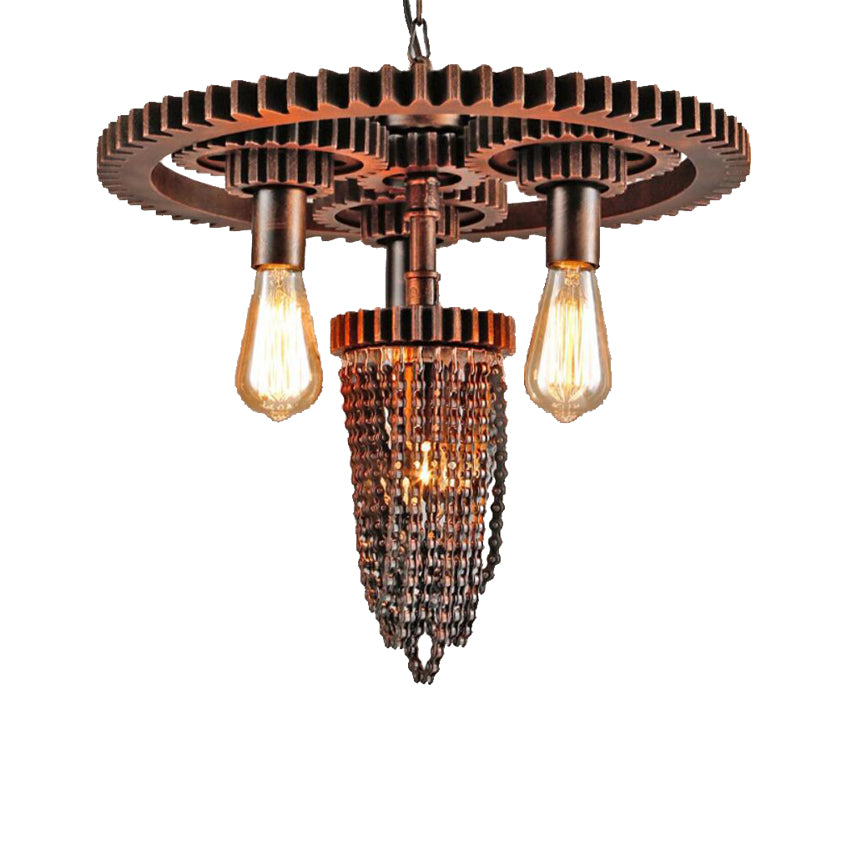 Metallic Gear Hanging Chandelier Vintage 3 Heads Restaurant Ceiling Pendant in Rust